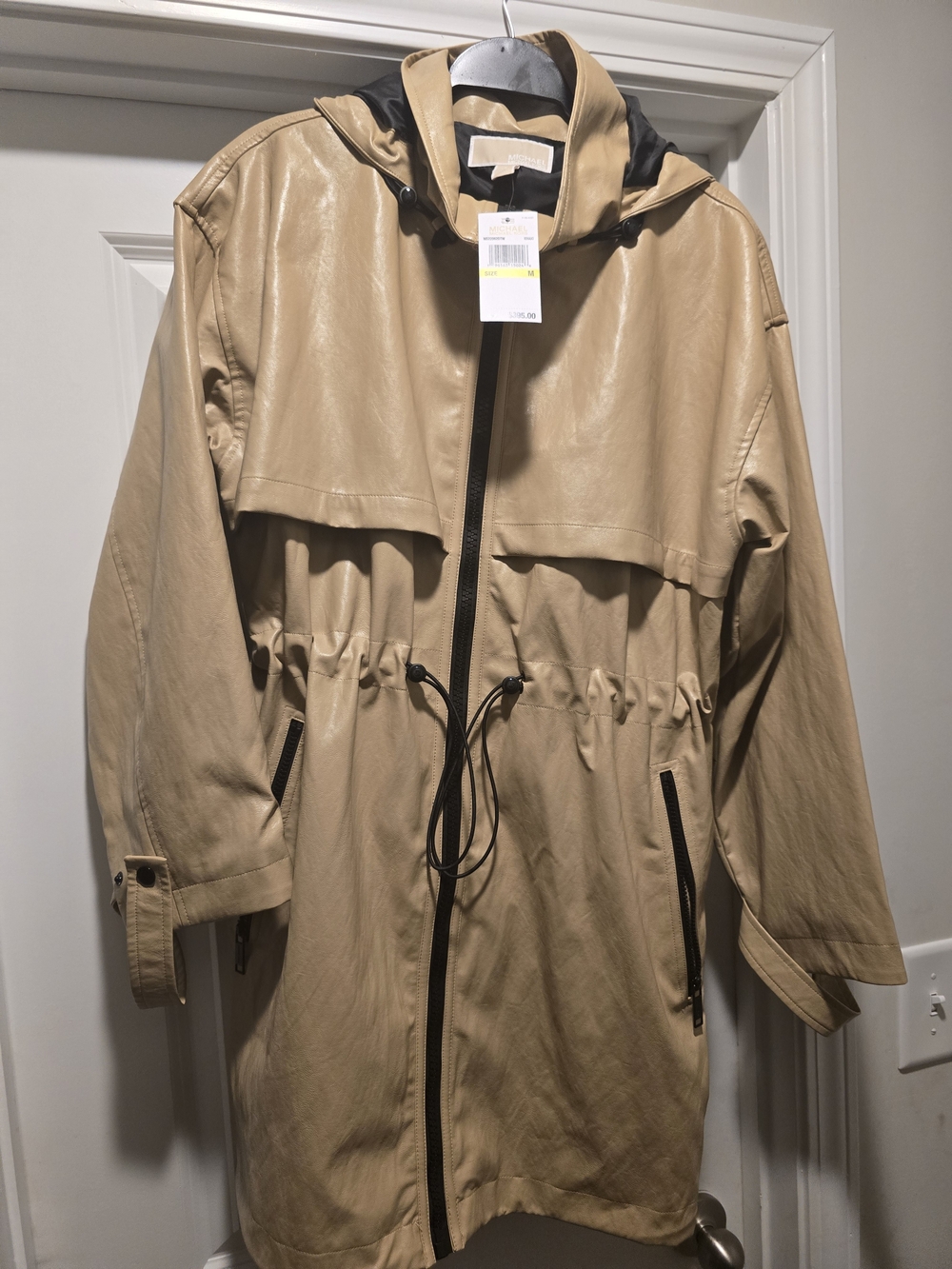 NWT Michael Kors Khaki Faux Leather Anorak Hooded Jacket Medium